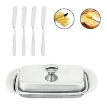 Kit Manteigueira Retangular Inox Tampa + 4 Espátula Inox