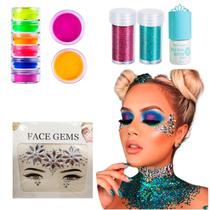 Kit Maquiagem Carnaval Gliter Pedrinha Adesivo Rosto e Corpo