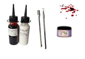 Kit maquiagem de terror latex + sangue falso+ + massa + espatulas