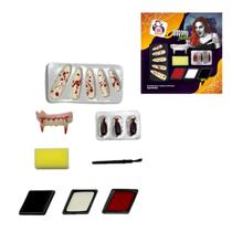 Kit Maquiagem Halloween Vampiro com Dentadura, Unhas Postiças e Cápsulas de Sangue Horror Make Kit Maquiagem Halloween Vampiro com Dentadura, Unhas Postiças e Cápsulas de Sangue Horror Make