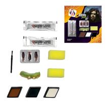 Kit Maquiagem Halloween Zumbi com Dentadura, Sangue Falso, Tintas e Látex Líquido Horror Make