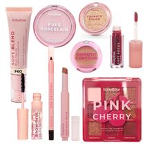 Kit Maquiagem Linha Rosa Ruby Rose com Base Pó Facial Blush Tint Blur Contorno Iluminador e Paleta de Sombras