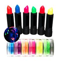 Kit Maquiagem Neon Luz Negra: 6 Batons Sortidos + 6 Pigmentos Coloridos - Maquiagem Carnaval Festa Balada Halloween