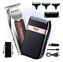Kit Máquina de Corte e Barbeador Kemei KM-032 + KM-2024 Profissional Recarregáveis