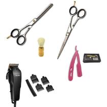 Kit Maquina Para Cabelo + Tesouras + Navalha Rosa + Pincel - Multilaser