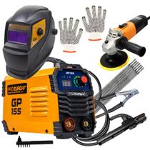 Kit Máquina Solda Inversora 155a 110v + Esmerilhadeira Profissional 110v e Máscara de soda Automática Pró Euro