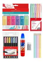 Kit Marca Texto Textliner Faber Castell + Brush Pen + Lápis + Cola