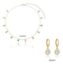 Kit Maria - Choker Zircônia Colorida + Argola Cristal Banhado em Ouro 18k Kit Maria - Choker Zircônia Colorida + Argola Cristal Banhado em Ouro 18k
