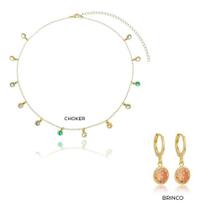 Kit Maria - Choker Zircônia Colorida + Argola Mel Banhado em ouro 18k