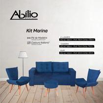 Kit Marina - Sofá + 2 Cadeiras e 1 Puff Pávia Azul Abílio