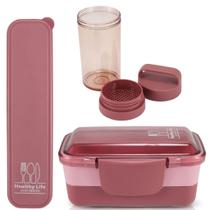 Kit marmita com Porta Talher e Garrafa Joy vedação na tampa e no filtro prático dia a dia