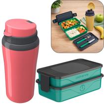 Kit Marmita Fit Unitermi Talheres Divisórias Copo Térmico Miami 650ml Tampa Parede Dupla Squeeze Peça:ROSALado:VERDE TI