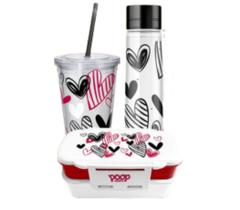 Kit Marmita Retangular +Copo Canudo + Garrafa Vidro Amor Incondicional