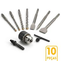 Kit Martelete 10 Peças Mandril Brocas Ponteira Talhadeira SDS Kit Martelete 10 Peças Mandril Brocas Ponteira Talhadeira SDS