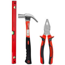 Kit Martelo Carpinteiro Cabo Fibra 27mm + Nível 3 Bolhas Alumínio 80cm 32" + Alicate Universal 8" - MTX