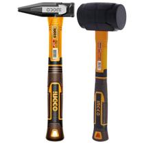 Kit Martelo Pena 300 Gr Cabo Fibra INGCO + Martelo Borracha 60mm Preto Cabo Fibra HRUH8816 - INGCO
