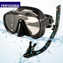 Kit Máscara de Mergulho Profissional Snorkel Dry Top Anti Vazamento Lente Panorâmica 180 Silicone Premium Adulto Vidro Temperado Vedação Perfeita