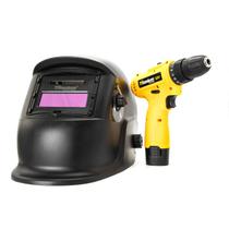 Kit mascara de solda control automatica ton 9 a 13 + furadeira 12v s/ impacto c/ 2 baterias - titanium platina
