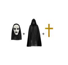 Kit Mascara Freira Do Mal Com Capuz + Crucifixo + Capa Preta Fantasia Helloween Carnaval Com Capuz Kit Mascara Freira Do Mal Com Capuz + Crucifixo + Capa Preta Fantasia Helloween Carnaval Com Capuz