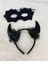 Kit Mascara + Tiara Arco Diabinha Chifre Pelúcia Carnaval Halloween Fantasia Cosplay Festas