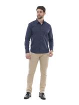 KIT Masculino 2 peças- Calça Sarja Esporte Fino Bege e Camisa Social Premium Tipo Linho Azul Marinho