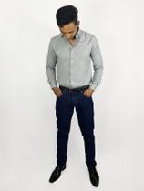 KIT Masculino 2 Peças - Camisa Social Manga Longa Slim Cinza e Calça Skinny Jeans Escura