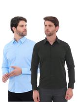 KIT Masculino 2 Peças - Camisa Social Premium Tipo Linho Azul Claro e Camisa Social Slim Preto
