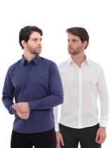 KIT Masculino 2 Peças - Camisa Social Premium Tipo Linho Azul Marinho e Camisa Social Slim Branca