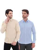 KIT Masculino 2 Peças - Camisa Social Premium Tipo Linho Bege e Camisa Social Slim Azul Bebê KIT Masculino 2 Peças - Camisa Social Premium Tipo Linho Bege e Camisa Social Slim Azul Bebê