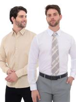 KIT Masculino 2 Peças - Camisa Social Premium Tipo Linho Bege e Camisa Social Slim Branca KIT Masculino 2 Peças - Camisa Social Premium Tipo Linho Bege e Camisa Social Slim Branca