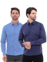 KIT Masculino 2 Peças - Camisa Social Tipo Linho Azul Marinho e Camisa Social Manga Longa Slim Azul Escuro