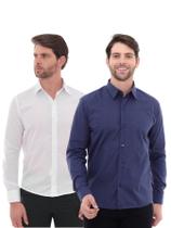 KIT Masculino 2 Peças - Camisa Social Tipo Linho Azul Marinho e Camisa Social Manga Longa Slim Branca