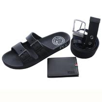 Kit Masculino 3 peças: Carteira Couro Legitimo + Slide Papete + Cinto Preto