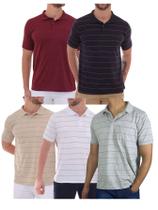KIT Masculino 5 Peças - Camisa Polo Listrada com Bolso Malha Branco/Preto/Bege/Vinho/Cinza