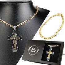 kit Masculino colar crucifixo aço banhado moda + pulseira