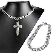 Kit Masculino colar crucifixo aço inox + pulseira presente