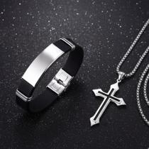 KIT Masculino Colar Cruz + Pulseira Aço Inox e Silicone Acessórios Prata e Preto Estilo Moderno KIT Masculino Colar Cruz + Pulseira Aço Inox e Silicone Acessórios Prata e Preto Estilo Moderno