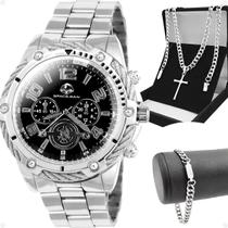 Kit Masculino Completo Relógio Analógico Prata Aço Inox com Corrente Grumet, Pulseira Prata e Pingente Cruz Kit Masculino Completo Relógio Analógico Prata Aço Inox com Corrente Grumet, Pulseira Prata e Pingente Cruz