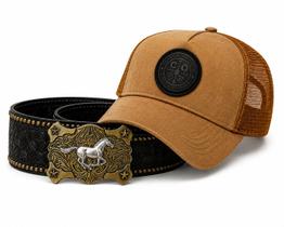 Kit Masculino Country Boné Trucker Cinto Fivela Cavalo -