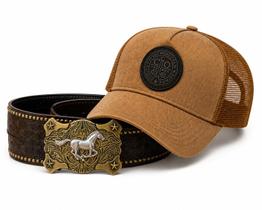 Kit Masculino Country Boné Trucker Cinto Fivela Cavalo -