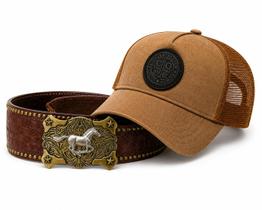 Kit Masculino Country Boné Trucker Cinto Fivela Cavalo -