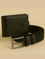 Kit Masculino Fasolo Carteira Botão E Cinto Couro Preto 85