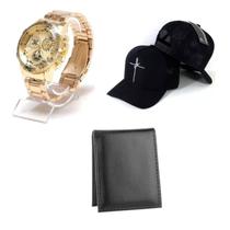 Kit Masculino Presente Homem Relógio Dourado + Boné + Carteira moda Pronta entrega.