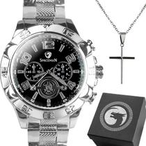 Kit Masculino Relógio Analógico Aço Inox Prata Resistente à Água Cordão Aço Inox Pingente Cruz Caixa Ultra Premium Kit Masculino Relógio Analógico Aço Inox Prata Resistente à Água Cordão Aço Inox Pingente Cruz Caixa Ultra Premium