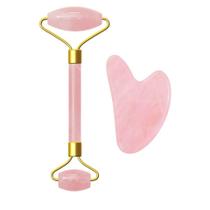 Kit Massageador Facial Roller Quartzo Rosa Com Gua Sha