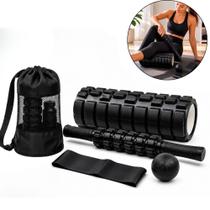Kit Massagem 4 em 1 com Rolo Bastão Miofascial Bola Lacrosse Faixa Bolsa Yoga Pilates Exercício Funcional LIVVO