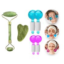 Kit Massagem Facial Globos de Cristal Pedra de Jade Placa Gua Sha