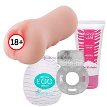 Kit: Masturbador Masculino Realista Vagina + Lubrificante LOVE LUB + Ovo masturbador masculino + Anel peniano retardante