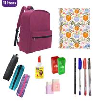 Kit Material Escolar 11 itens Ensino Médio Fundamental Feminino Completo Mochila Estojo Canetas Lápis Cola Borracha Kit Material Escolar 11 itens Ensino Médio Fundamental Feminino Completo Mochila Estojo Canetas Lápis Cola Borracha