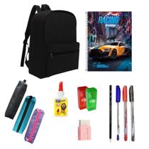 Kit Material Escolar 11 itens Ensino Médio Fundamental Masculino Completo Mochila Estojo Canetas Lápis Cola Borracha Kit Material Escolar 11 itens Ensino Médio Fundamental Masculino Completo Mochila Estojo Canetas Lápis Cola Borracha